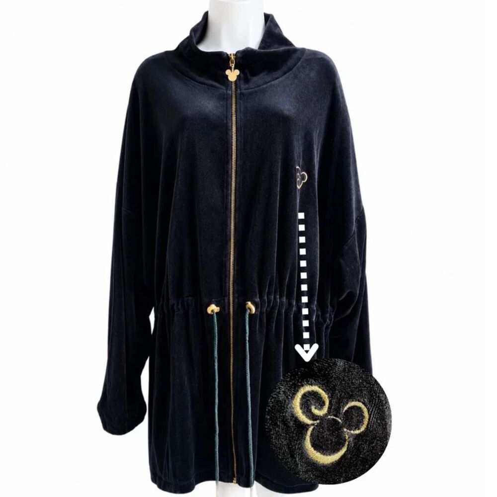 Disney Mickey Mouse Velour Track Jacket Womens 2X Black Gold Zip Y2K Plus Size
